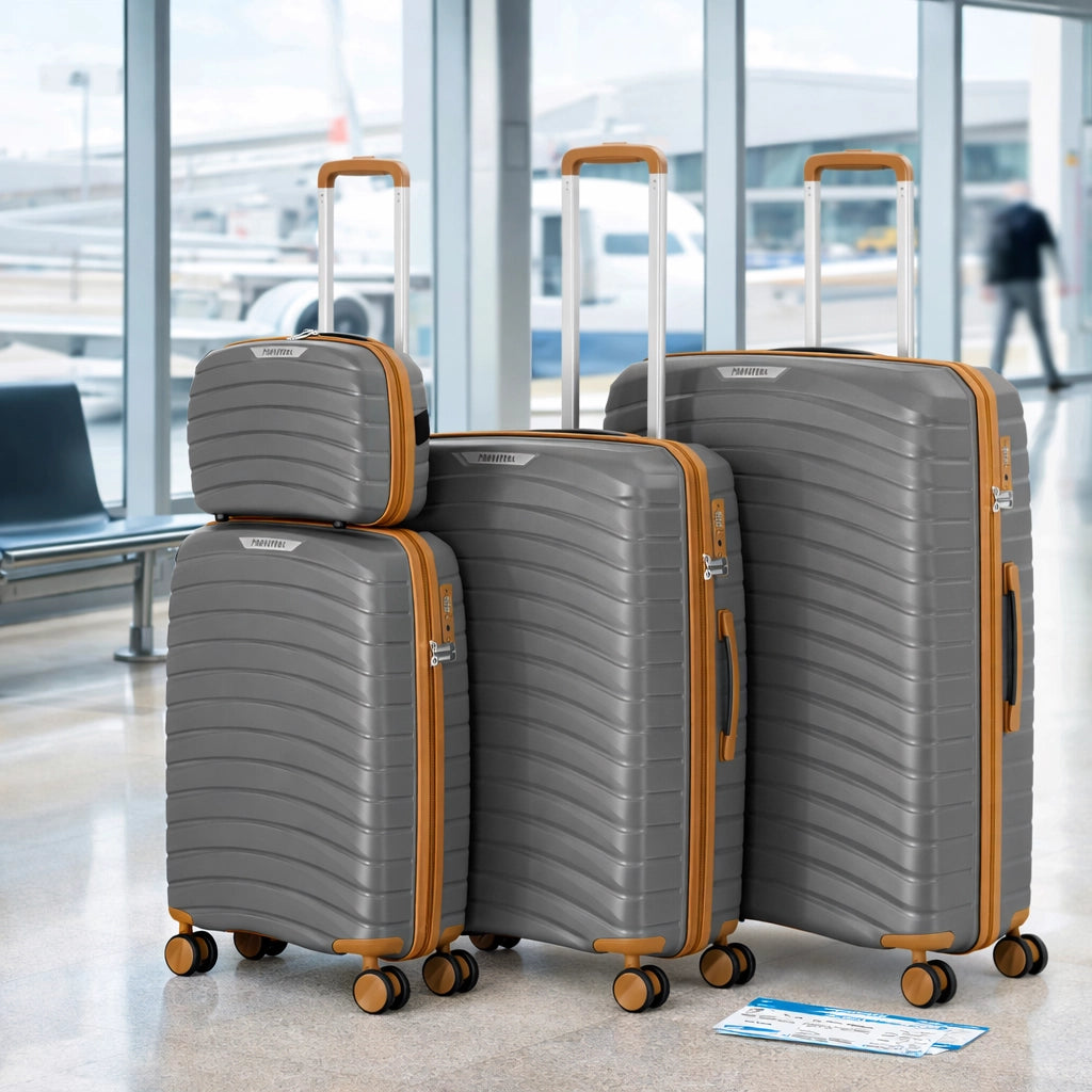 Set 4 Valigie Rigide Abs e PP con Beauty Case, Trolley 4 Ruote, Lucchetto Grigio