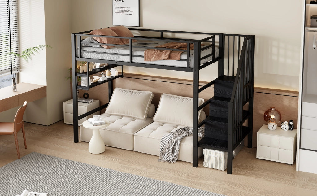 DESMIU Letto a soppalco per bambini 1 posto con scaffali, scala contenitore e barriera 90 × 200 cm, senza materasso