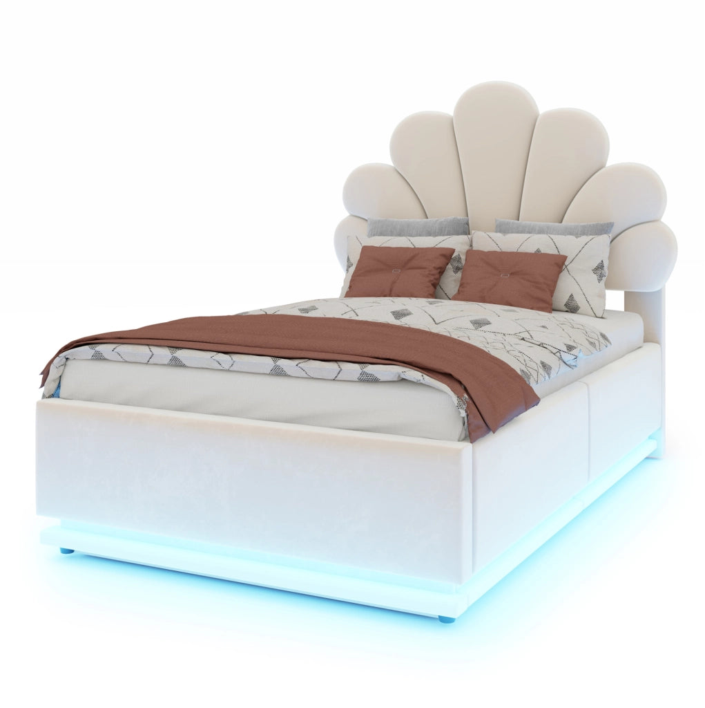 Letto imbottito beige 90 x 200 cm con contenitore idraulico e luci LED
