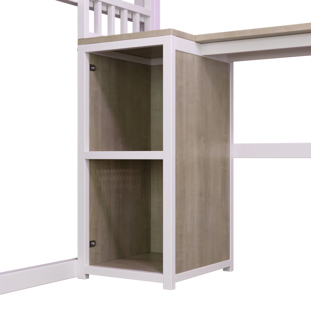 Letto a soppalco 140x200 cm con scrivania; luce integrata e ripiani in metallo e MDF bianco