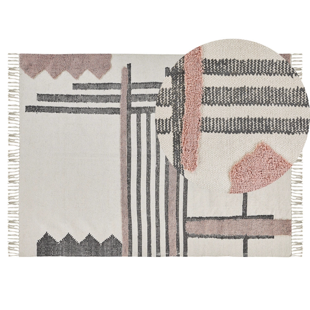 Tappeto in cotone beige e Nero tessuto a mano con frange 140 x 200 cm