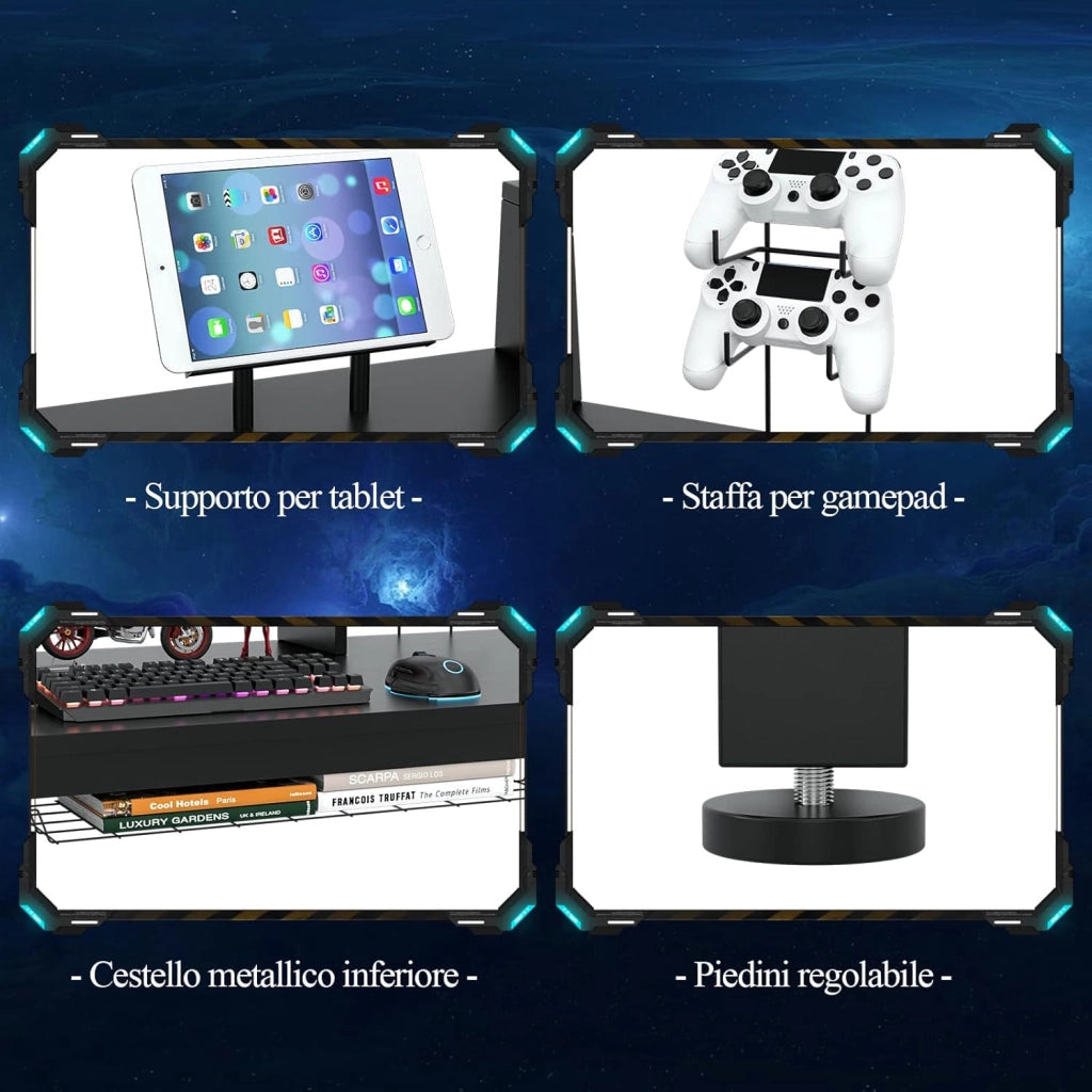 Scrivania da Gaming da 140 cm, Scrivania Ergonomica con Portabicchieri, Mensola per Monitor, Gancio per Cuffie, Cestino Portaoggetti, Scaffale per Supporti Multimediali e Piedini Regolabili