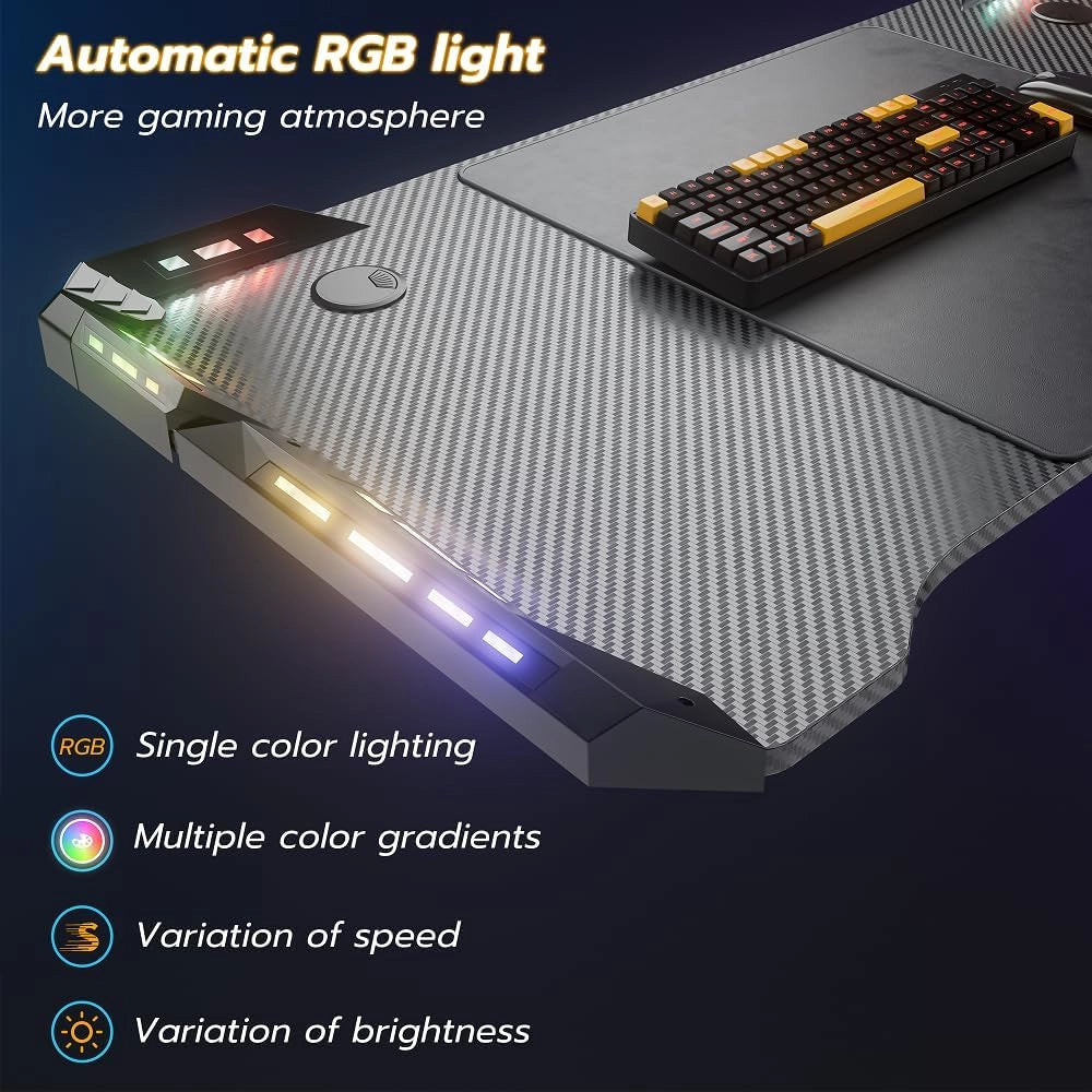 Scrivania da gioco a LED, 160 x 60 cm, tavolo da gioco con porta bevande e gancio per cuffie, tavolo da gioco con rivestimento in fibra di carbonio, telaio M
