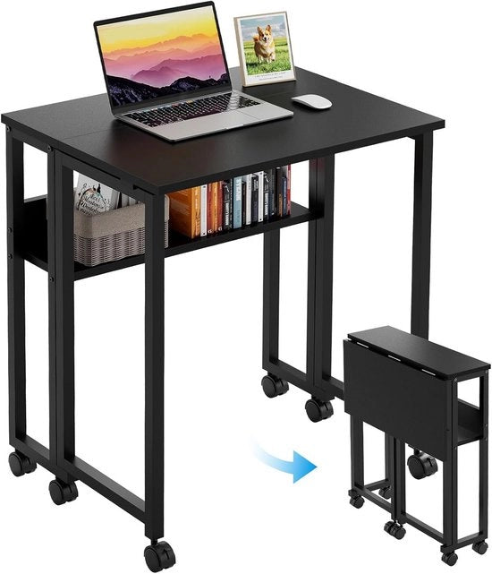 Scrivania compatta, pieghevole, 63 cm, scrivania pieghevole con ruote, montaggio semplice, scrivania pieghevole con spazio di archiviazione, ufficio domestico, tavolo pieghevole, nero