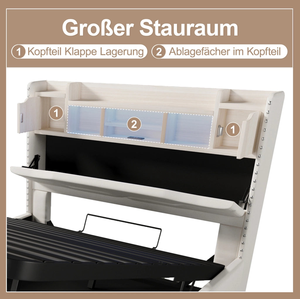 Letto imbottito 140x200 cm con LED e contenitore idraulico