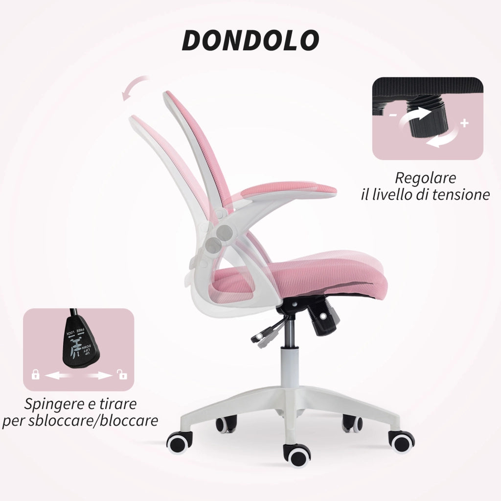 Sedia da Ufficio Ergonomica e Regolabile con Schienale a Rete e Seduta Imbottita, 65.5x61.5x88-97.5 cm, Rosa