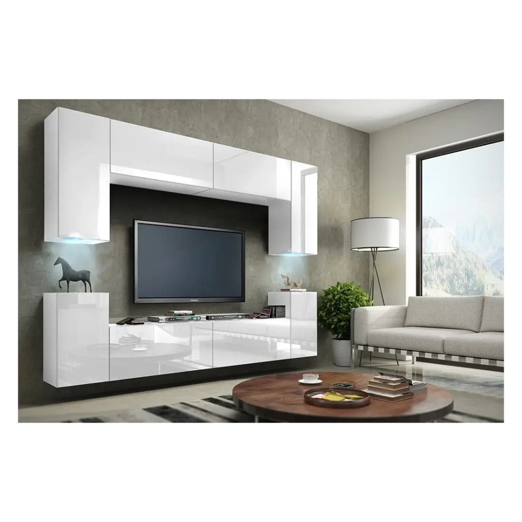 Set di mobili da soggiorno bianchi sospesi collezione CEPTO I 240cm, 8 porte, 6 scaffali, led.