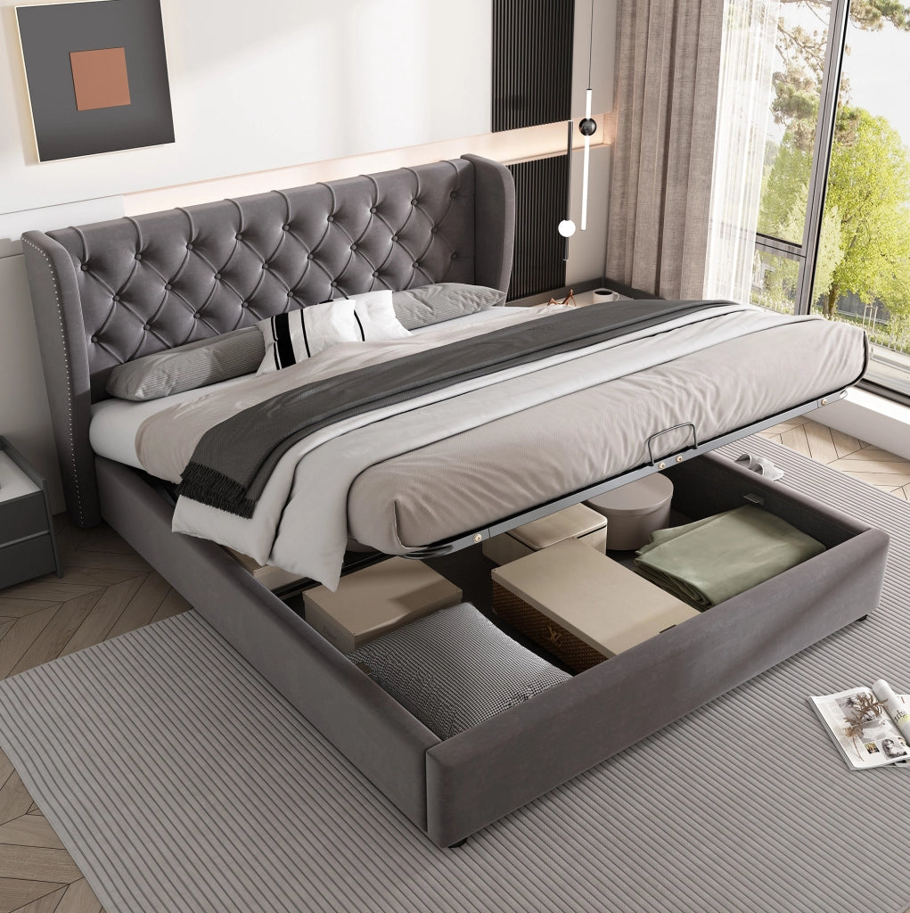Letto matrimoniale 140x190 cm contenitore idraulico; velluto; grigio (Senza materasso)