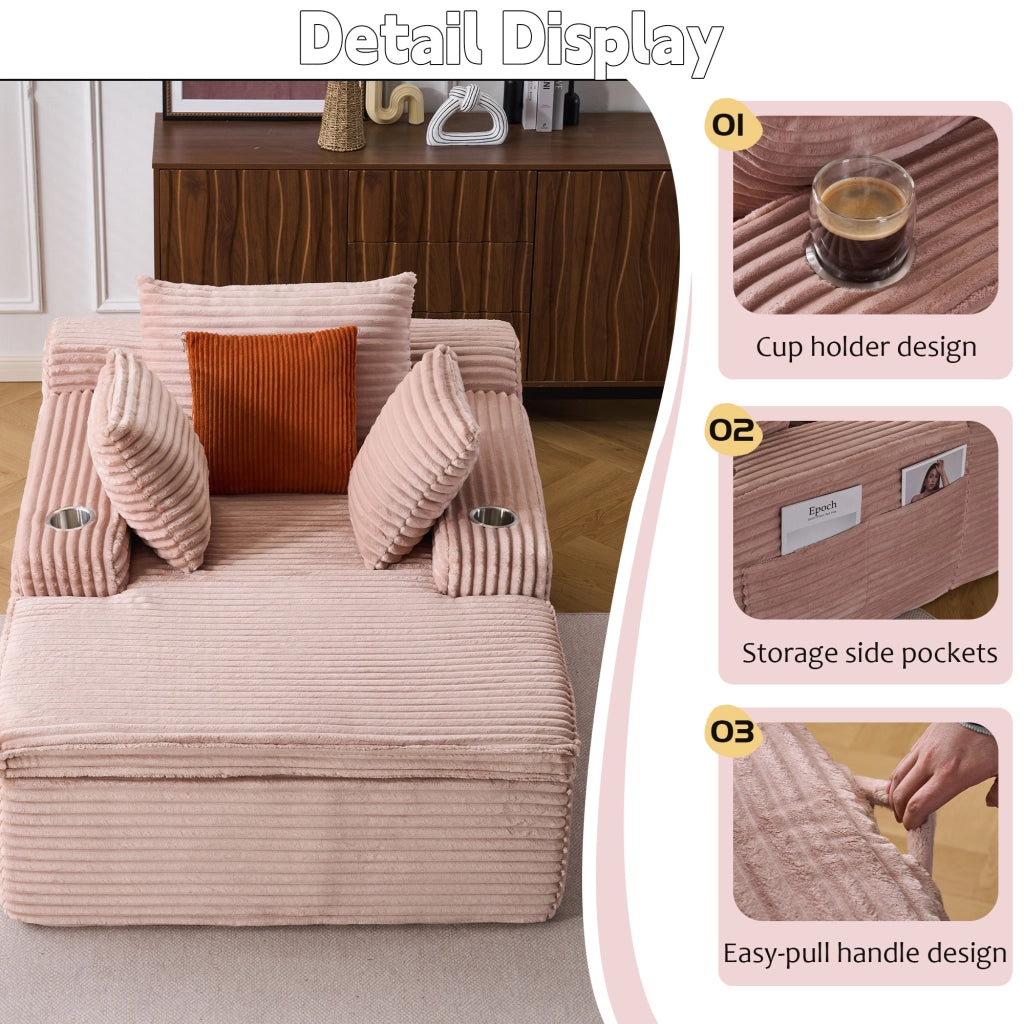 Divano modulare boneless con chaise longue cuscini e portabicchieri senza montaggio per salotto in velluto a coste rosa