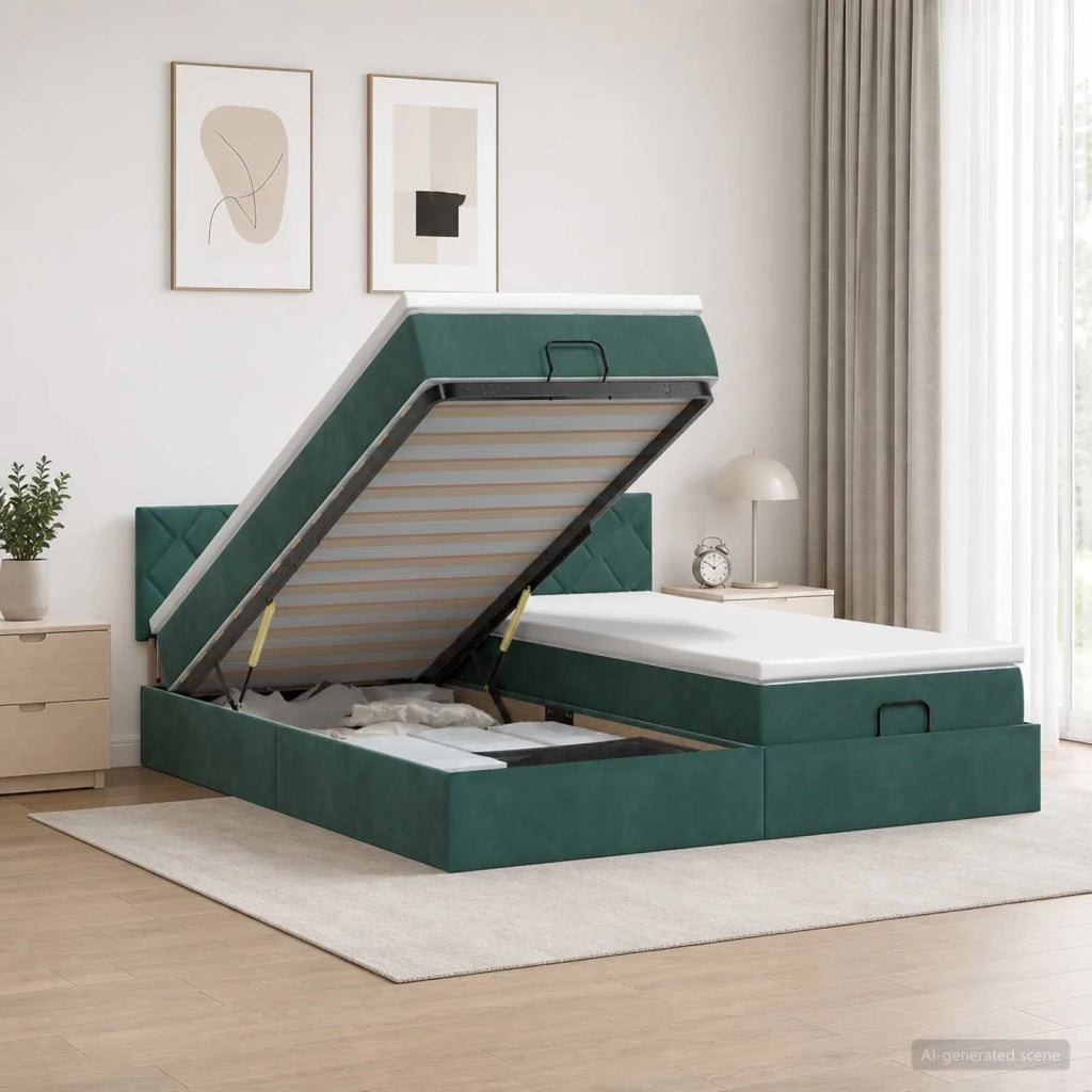 Letto Ottomano con Materasso e LED Verde Scuro 200 x 200 cm 3457359