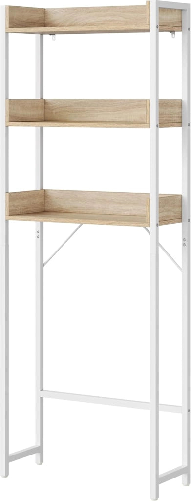 Mobiletto Bagno Salvaspazio, Scaffale Lavatrice con 3 Ripiani, per Lavanderia, Bagno, Soggiorno, Balcone, Legno e Metallo, Rovere Chiaro+Bianco, 63x25x166,5 cm