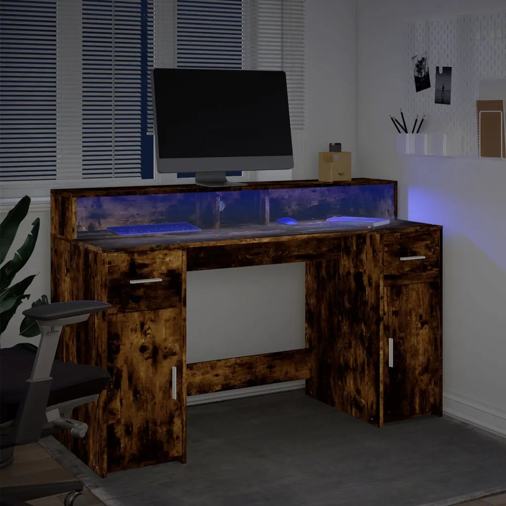 Scrivania con Luci LED Rovere Fumo 140x55x91 cm in Multistrato 3309424