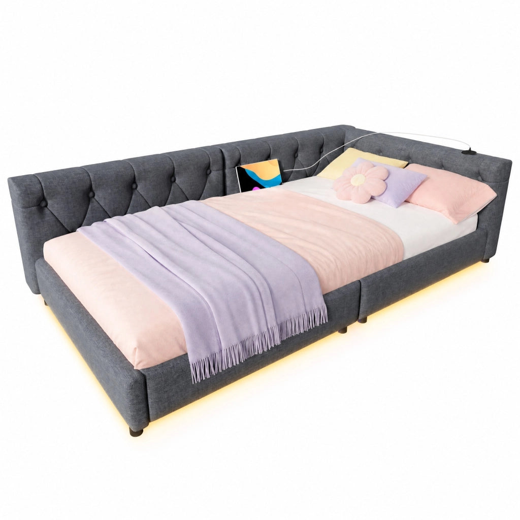 Divano letto giorno 90x200 cm in lino e MDF; grigio; con LED e USB/Type-C