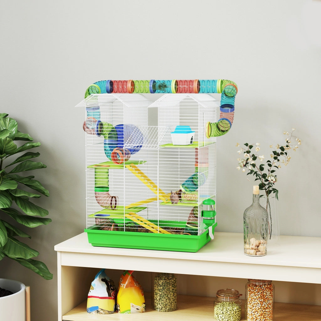 Gabbia per Criceti a 5 Piani con Tubi Colorati, Ruota, Casetta e Accessori, 47x30x59 cm, Verde