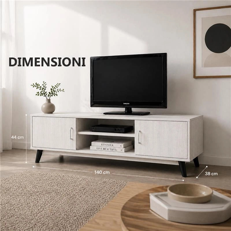 MOBILE TV IN MDF COLOR BIANCO LEGNO CON DUE ANTE E DUE RIPIANI MISURE: 140X38X44CM