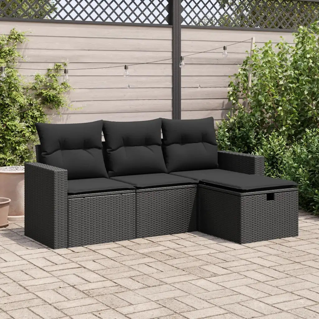 Set Divani da Giardino 4 pz | Set Salotto da Giardino con Cuscini Nero in Polyrattan