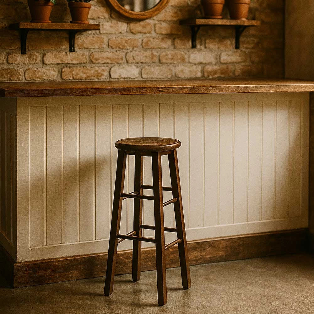Sgabello da bar h 68 cm in legno noce scuro con seduta rotonda e gambe dritte
