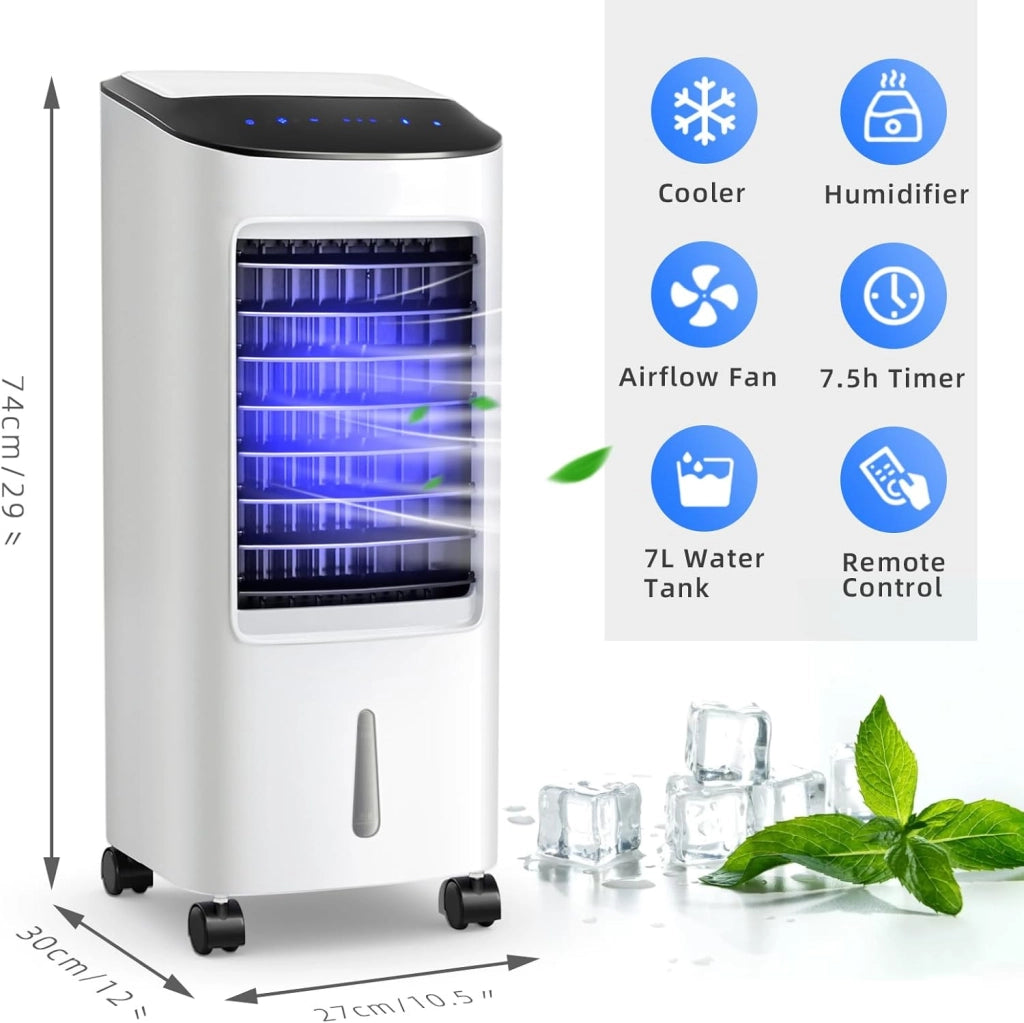 Ventilatore Senza Tubo di Scarico, 3 in 1 Air Cooler, Ventilatore, Umidificatore, con Telecomando, 3 Velocità, Timer 7,5H, Serbatoio dell'Acqua da 7L, per Salone, Camera da Letto, Ufficio