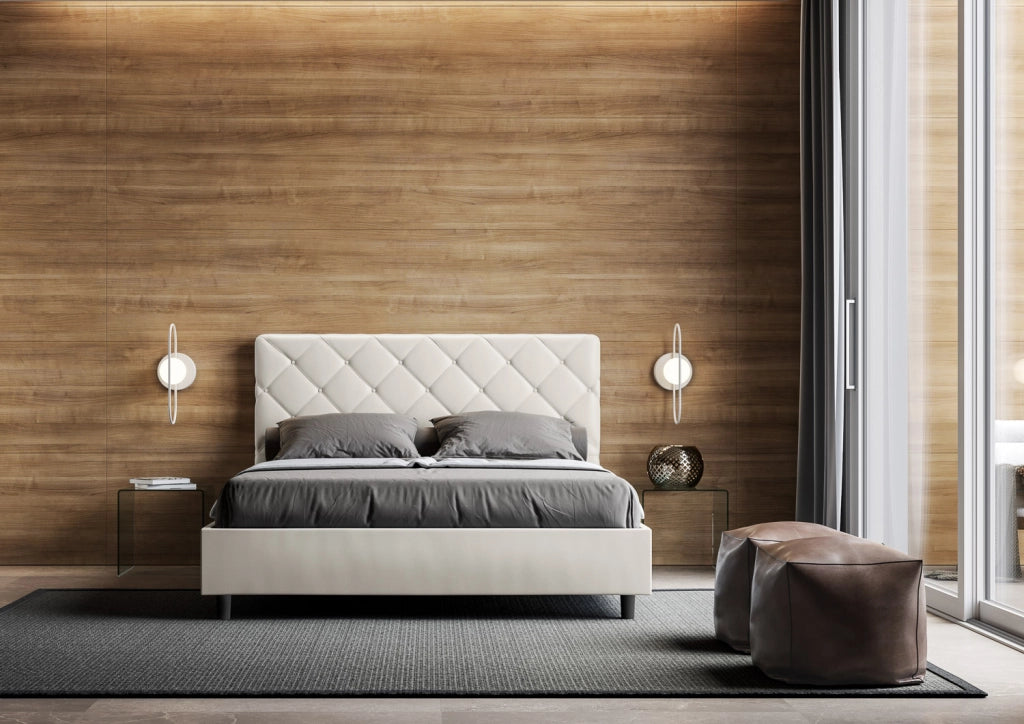 BS COM Letto queen size con rete imbottito 150x190 similpelle bianco