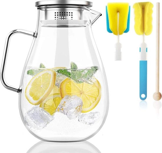 Vaso da acqua 20 litri - contenitore per frigorifero - 64 oz caraffa - 304 Acciaio Inox - Coperchio con filtro - Acqua calda e fredda ghiacciata - Vino caffè latte e tè - Fiasca per bibite - Spazzola e setaccio (2000ml) Kit per bottiglia di latte
