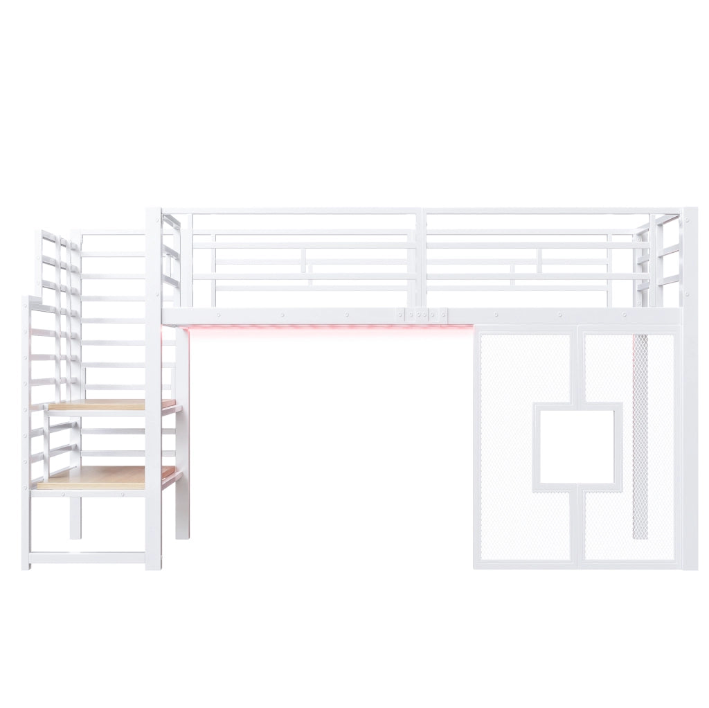 Letto a soppalco 90x200 cm con scala contenitore, LED e finestre