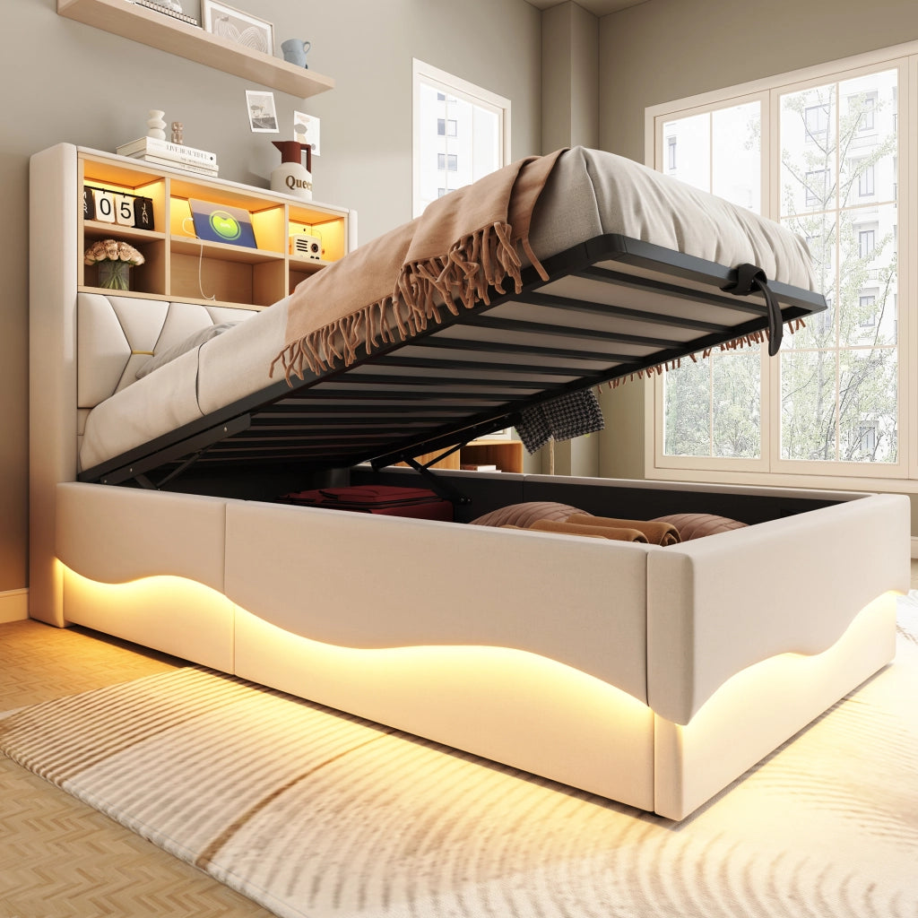 Letto contenitore singolo 90×200 cm con LED; USB e rete sollevabile; senza materasso; ferro; beige