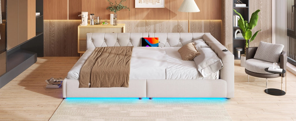DESMIU Divano letto 140 × 200 cm 1 piazza con USB, Type-C, LED regolabile e senza materasso, in lino beige