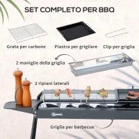 Barbecue a Carbonella con Griglia e Piastra in Acciaio con Ripiani Laterali, 113x59x83.5cm, Nero
