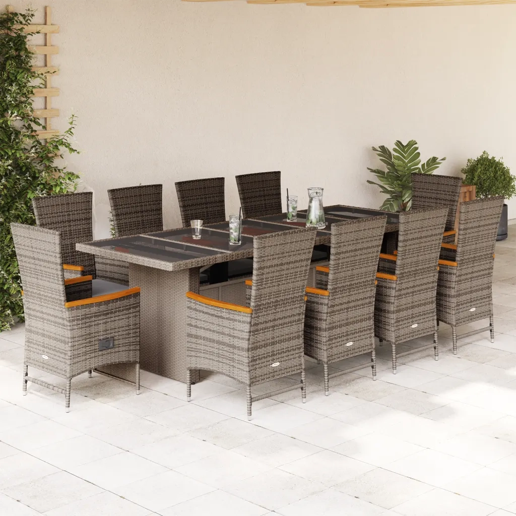 Set da Pranzo da Giardino 11pz con Cuscini in Polyrattan Grigio
