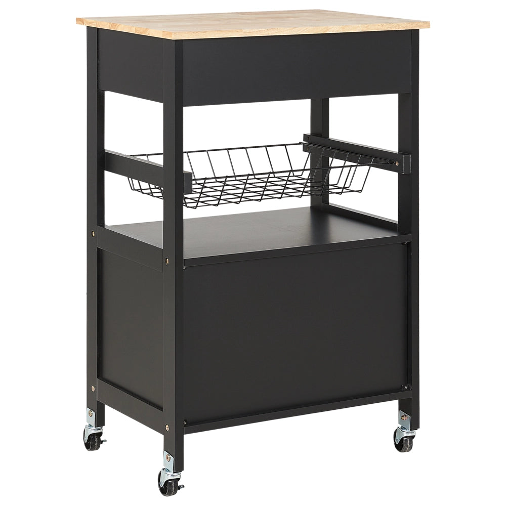 Carrello da cucina nero e legno chiaro con cassetto e armadietto