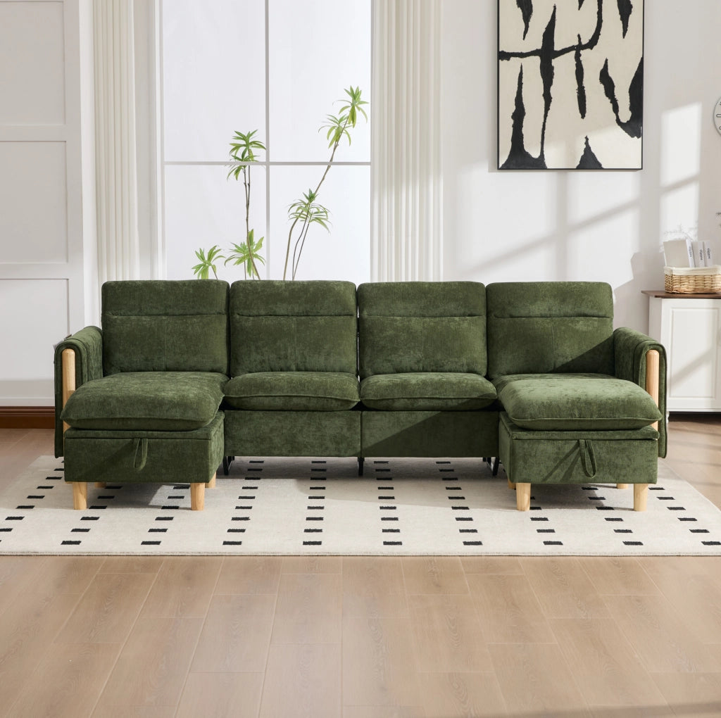 Divano modulare 4 posti con 2 pouf contenitore in ciniglia verde HOMVRA