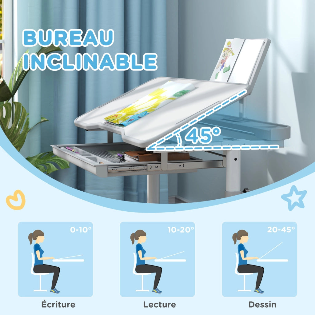 Scrivania bambini con sedia regolabile, piano inclinabile 45¡ã, cassetto e supporto libri ¨C Xylo ¨C Grigio