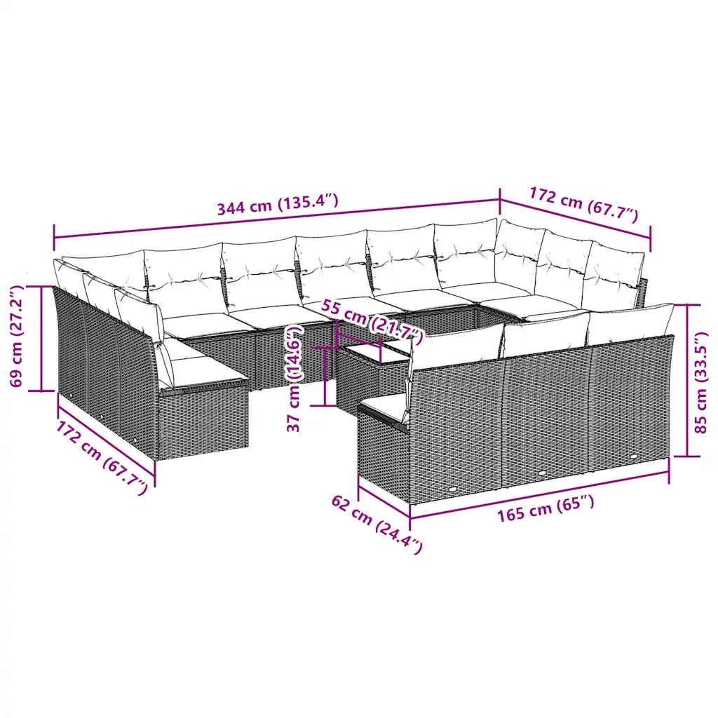 Set Divani da Giardino 14pz con Cuscini in Polyrattan