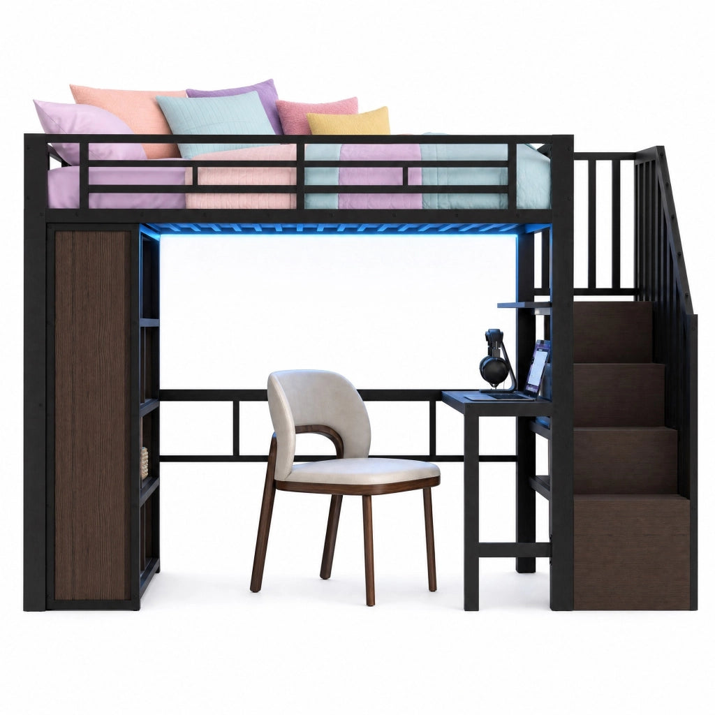 Letto a soppalco 90x200 cm con scrivania, ripiani e LED, struttura in metallo