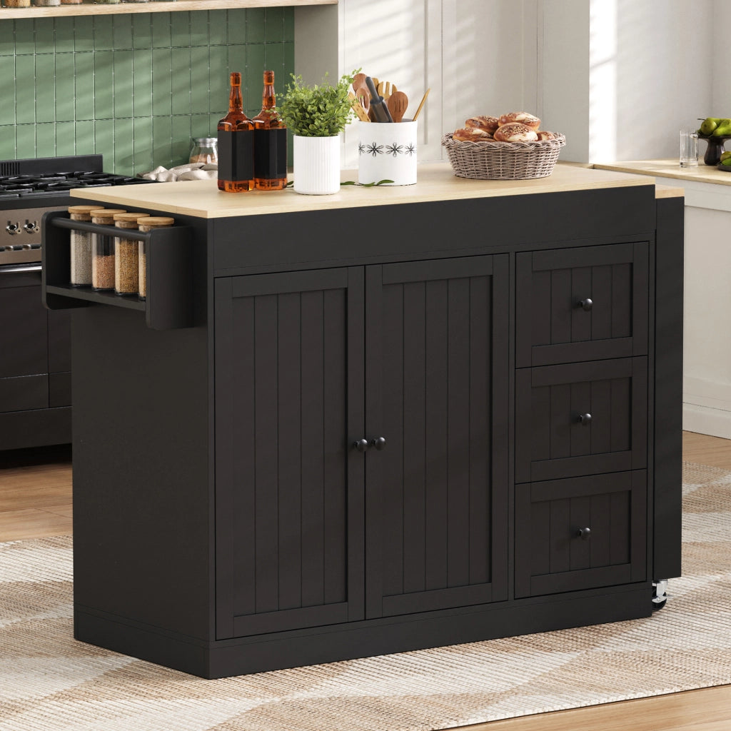Carrello da Cucina con 3 Cassetti; Portaspezie; Piano Estensibile e Ruote; in MDF; 112-186.8 x 45 x 93 cm; Nero