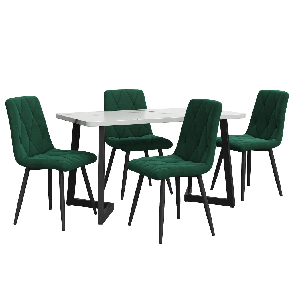 Tavolo da pranzo con 4 sedie in velluto e gambe nere, set moderno per cucina e sala da pranzo, in MDF, verde