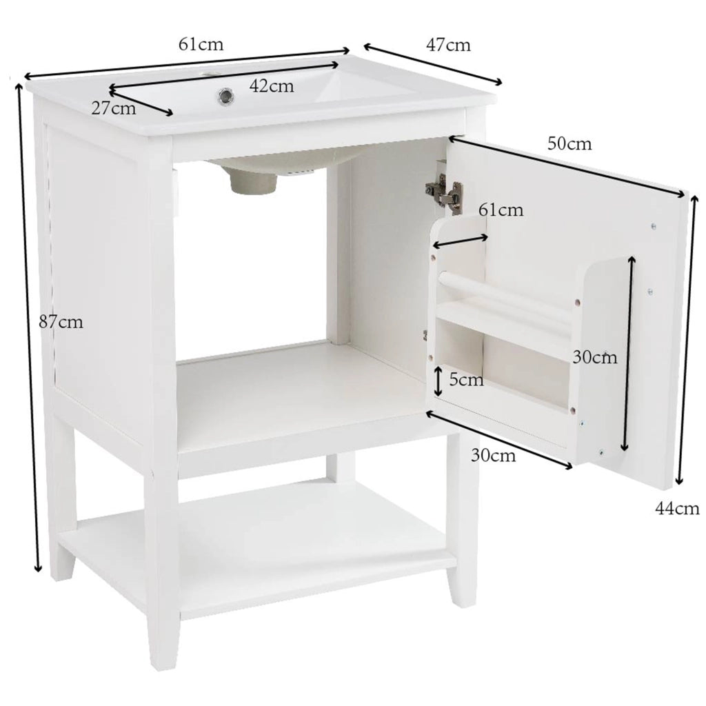 Mobile sottolavabo con lavabo in ceramica; da terra; per bagno; MDF bianco; 61 × 47 × 87 cm