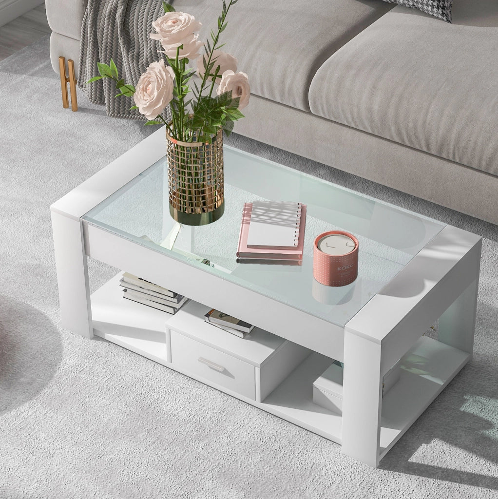 Tavolino da salotto rettangolare con piano in vetro temperato; cassetti e vano contenitore; bianco 100 x 50 x 40 cm