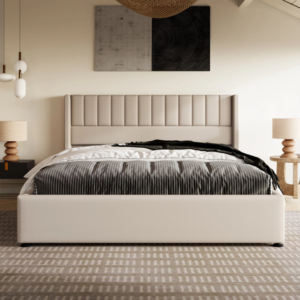Letto matrimoniale contenitore 180x200 cm con apertura idraulica; lino; beige