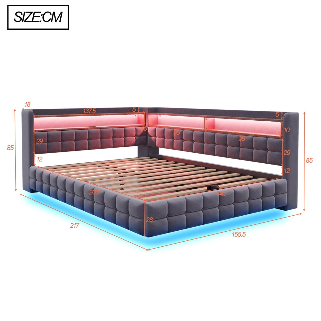 Letto imbottito multifunzionale 140 x 200 cm grigio con vano idraulico e LED