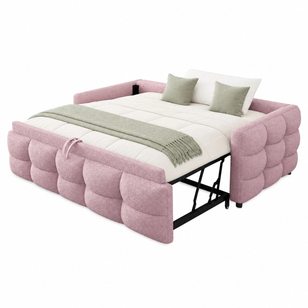 Letto imbottito estraibile combinato 90/180 x 190 cm, velluto Teddy, rosa, con rete a doghe