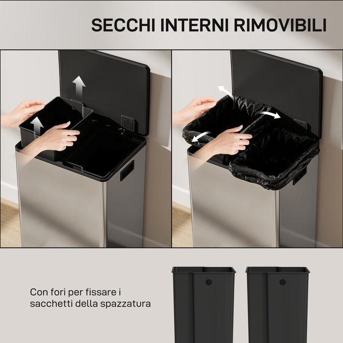 Pattumiera a Pedale con 2 Scomparti da 30L Coperchio Ammortizzato e Secchi Rimovibili in Acciaio Inox Argento
