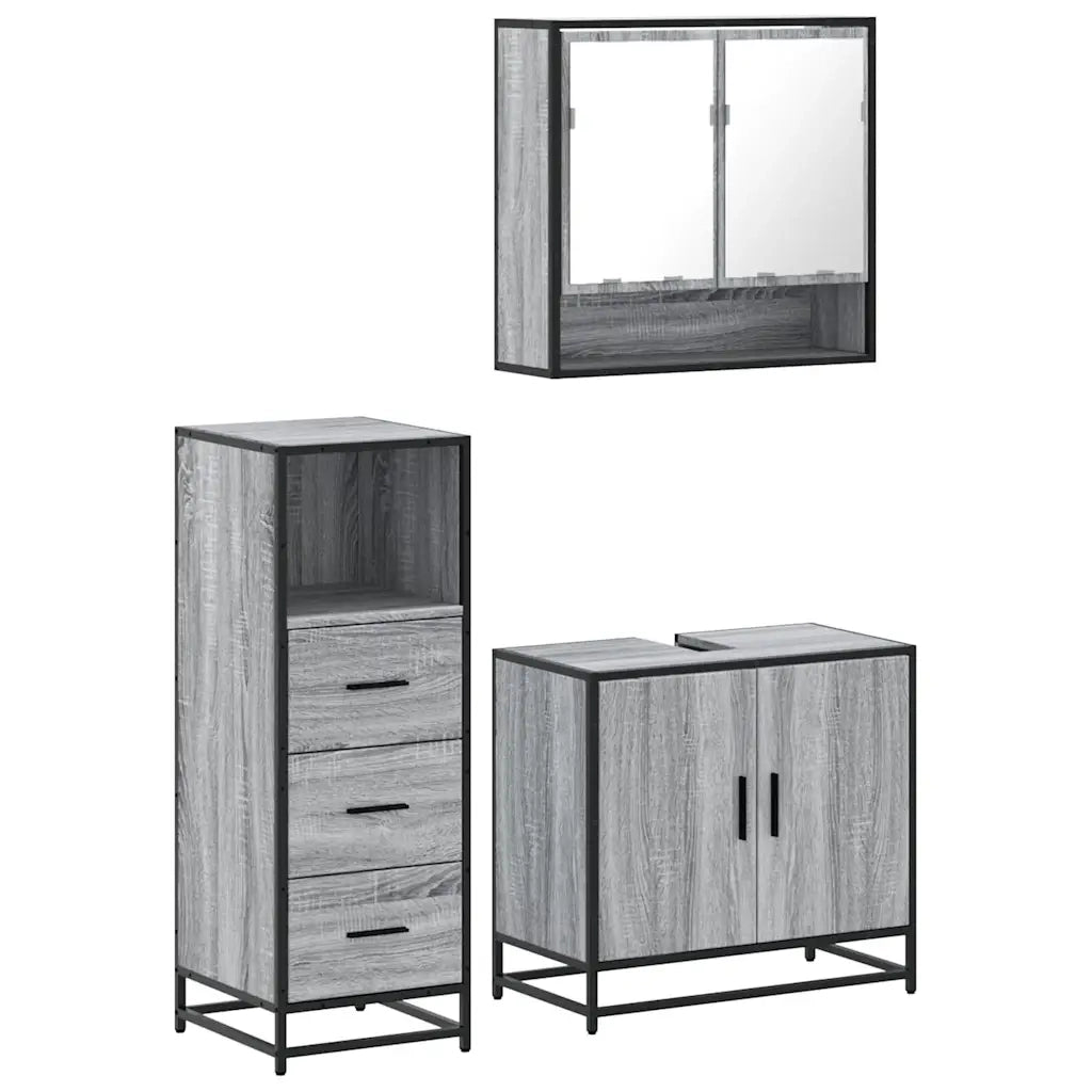Set Mobili da Bagno 3 pz Grigio Sonoma in Legno Multistrato