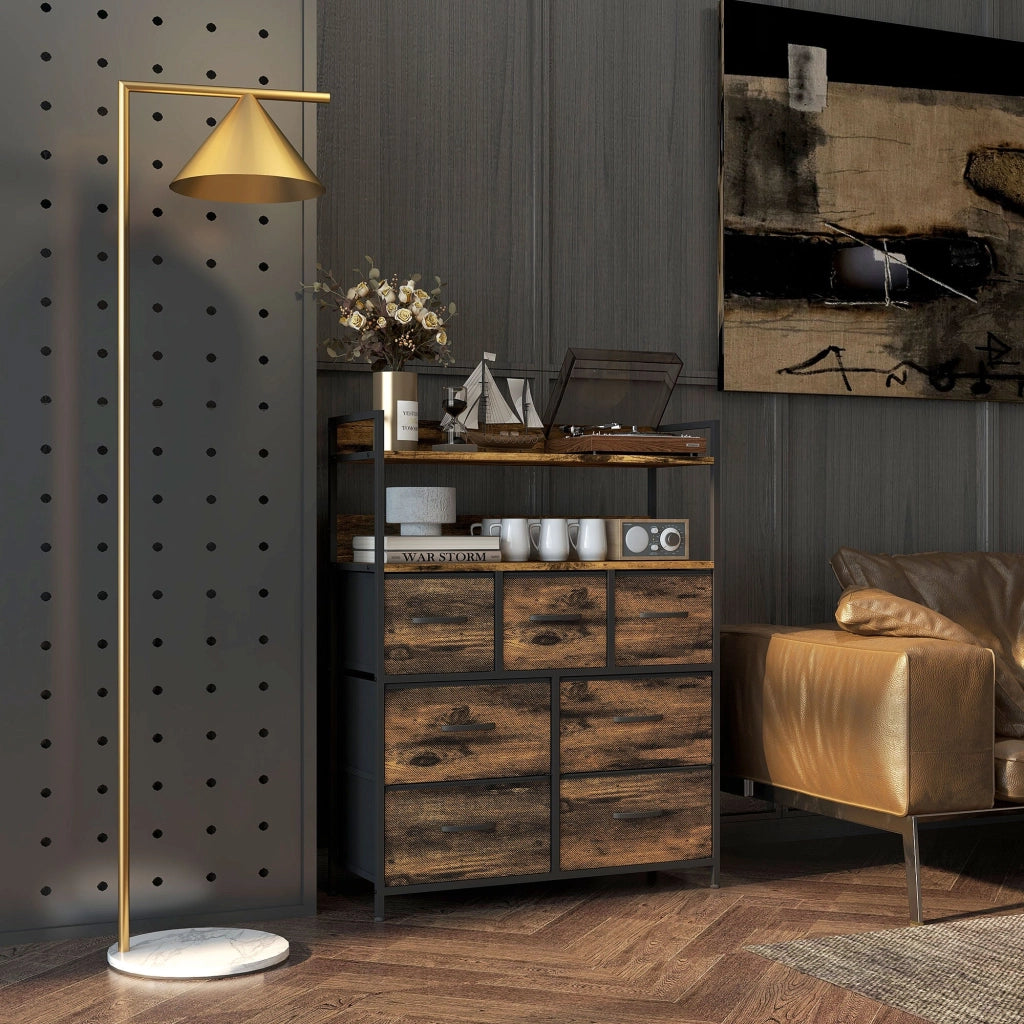 Cassettiera Stile Industriale con 7 Cassetti in Tessuto Rimovibili 79x29x101 cm Struttura in Legno e Acciaio Marrone e
