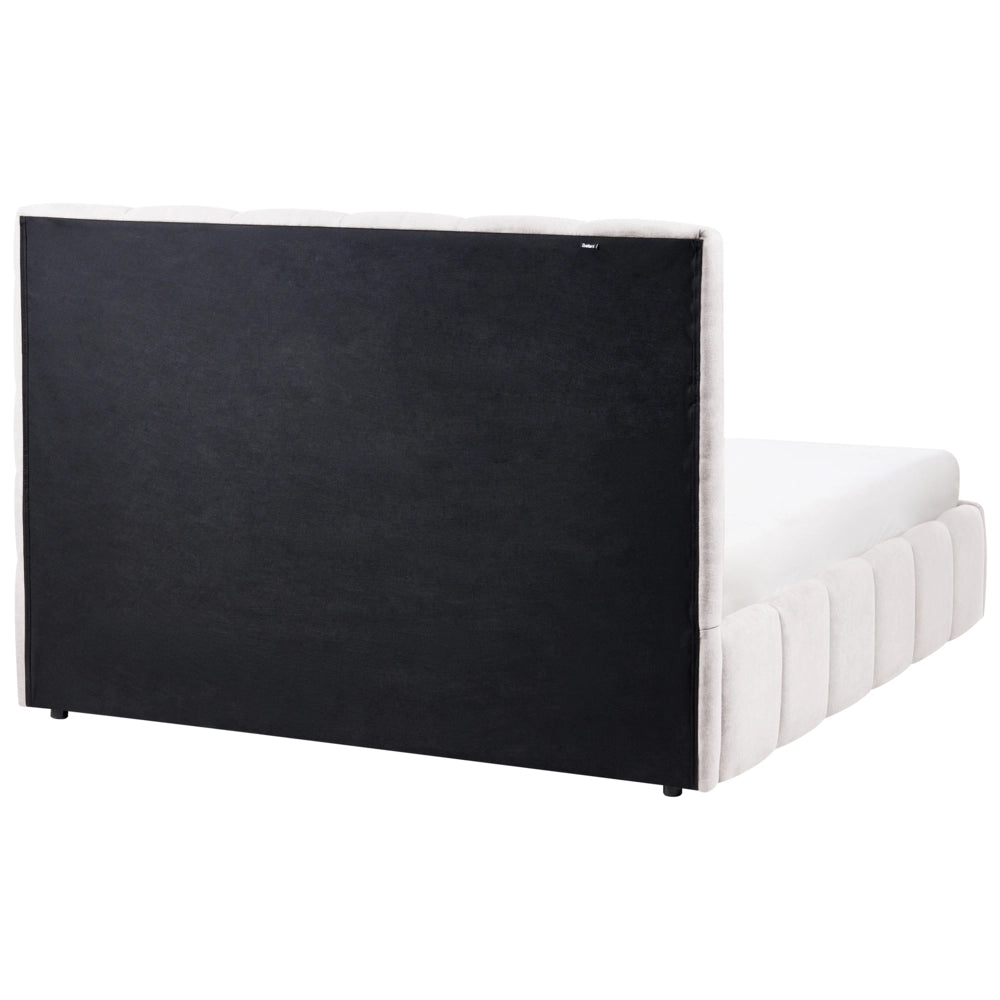 Letto matrimoniale contenitore con trapuntatura verticale in tessuto bianco sporco 140x200 cm struttura sollevabile e testiera alta