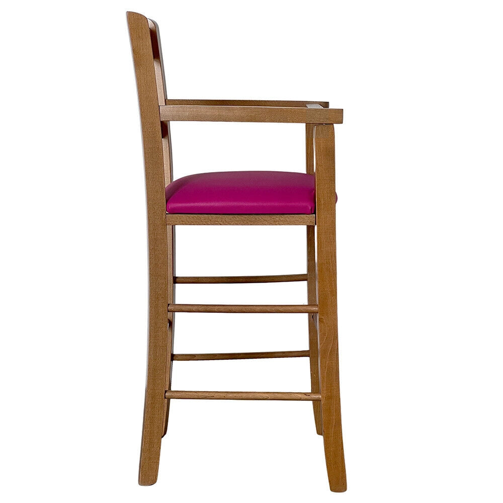 Seggiolone in legno color noce chiaro con seduta imbottita in similpelle lilla