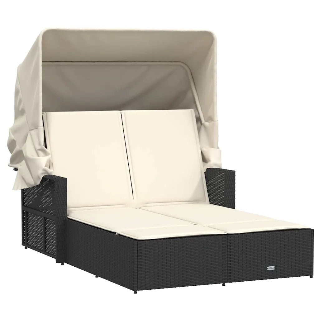 Lettino Prendisole | Sdraio da giardino | Lettino da sole Doppio Baldacchino e Cuscini Nero Polyrattan