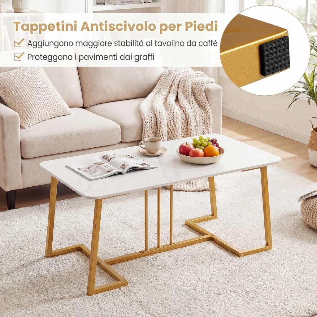 Tavolino da Caffè Rettangolare, Tavolino da Salotto Moderno con Ampio Piano in Effetto di Marmo e Gambe in Metallo Dorato, Perfetto per Soggiorno, Ufficio e Studio, 90 x 50 x 41,5 cm