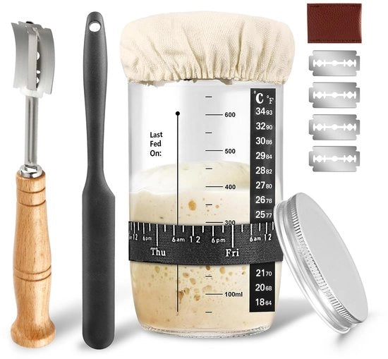 Kit di inizio lievitazione, contenitore di inizio lievitazione 24oz con termometro, nastro di datazione, fodero in tessuto e coperchio metallico, spatola, kit di inizio lievitazione, set di contenitori di inizio lievitazione per utensili da forno