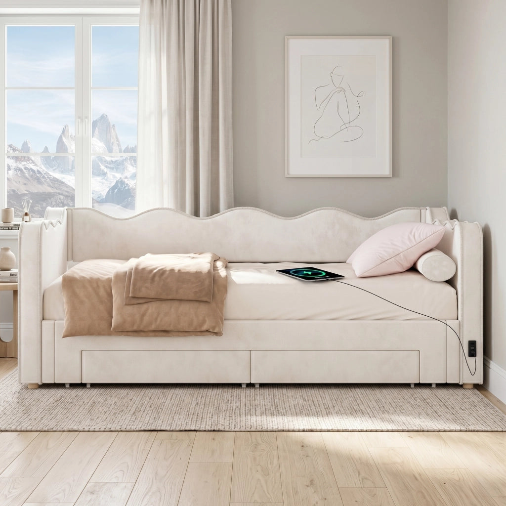 Letto daybed estraibile 90x200 cm con cassetti, USB e tessuto effetto velluto, beige